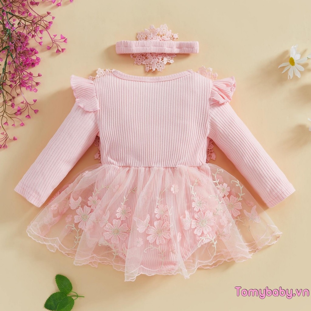 Bộ áo liền quần lưới ren chắp vá dài tay cho bé gái + Băng đô dễ thương