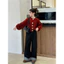 Quần áo mùa thu đông bé gái phiên bản Hàn Quốc Áo len Cardigan đỏ + Quần ống rộng Denim Bộ đồ hai mảnh 5-13 tuổi