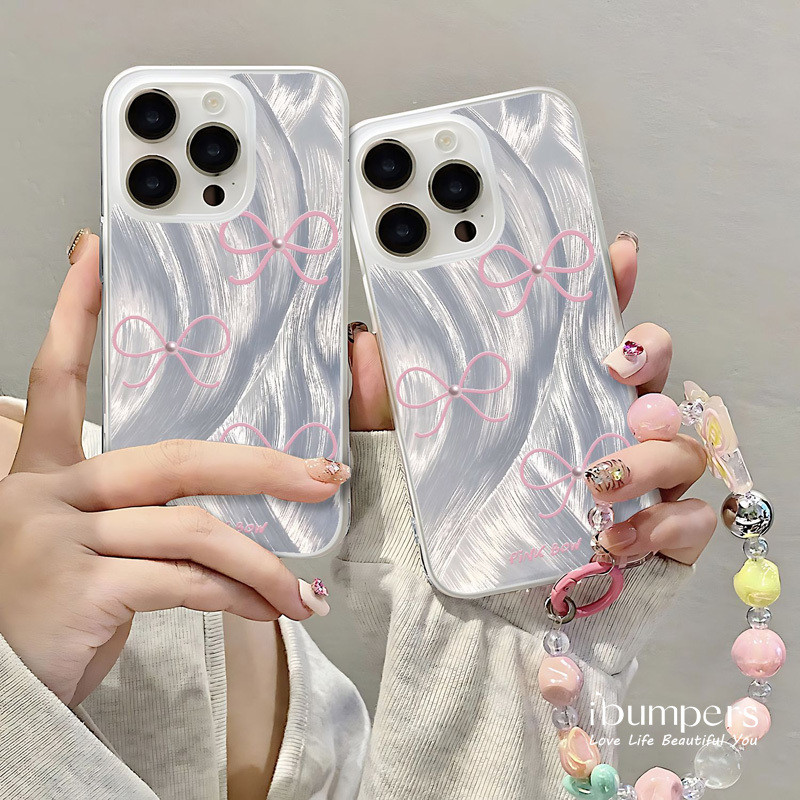 ibumpers Ốp Điện Thoại iPhone Thanh Lịch Có In Nơ Màu Hồng Tinh Tế Và Dây Đeo Đính Hạt Lấp Lánh Ốp Lưng Trong Suốt Nhám Mờ Chống Bẩn Chống Sốc Cho IPhone 16 15 14 12 13 11 Pro Max IP 7 8 Plus X XS XR
