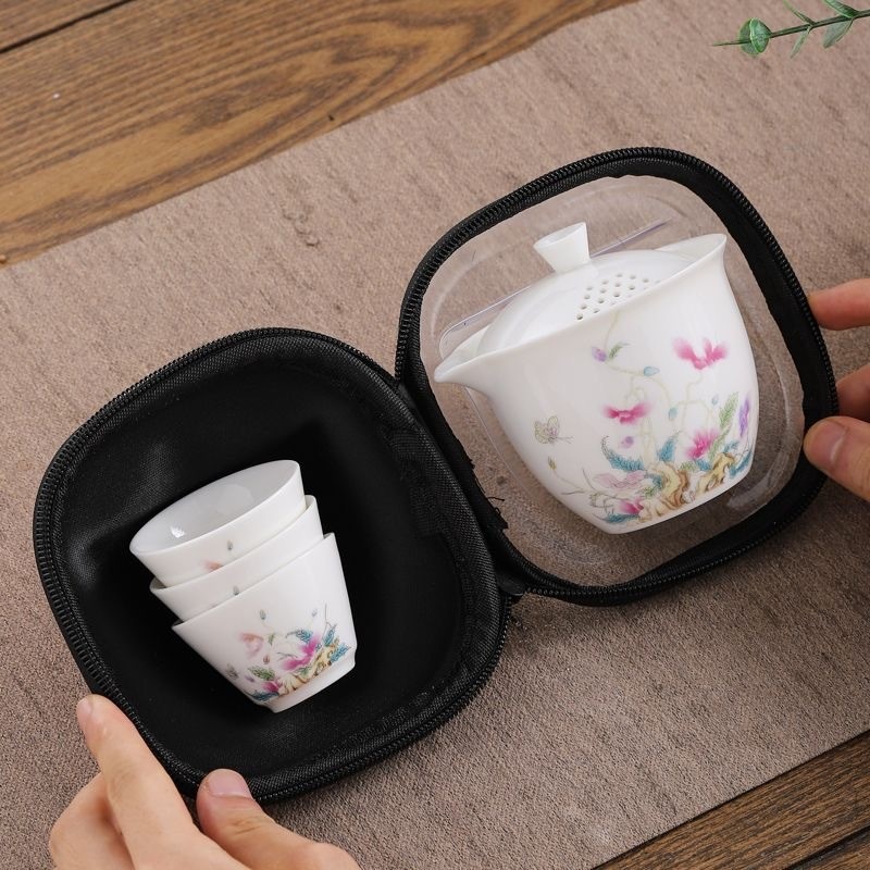 ✨Bộ trà du lịch Suet Jade & Một nồi Ba cốc & Túi xách tay & Ấm trà di động ngoài trời