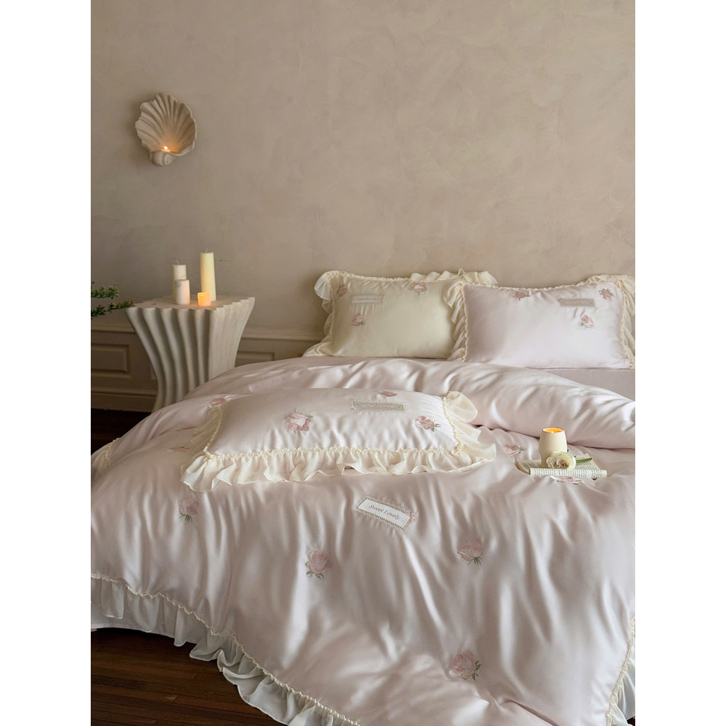 (L41441)Bộ Chăn Ga Gối Chất Liệu Tencel 60s Họa Tiết Thêu Hoa Tinh Xảo Thanh Nhã - MemMinbedding Luxury