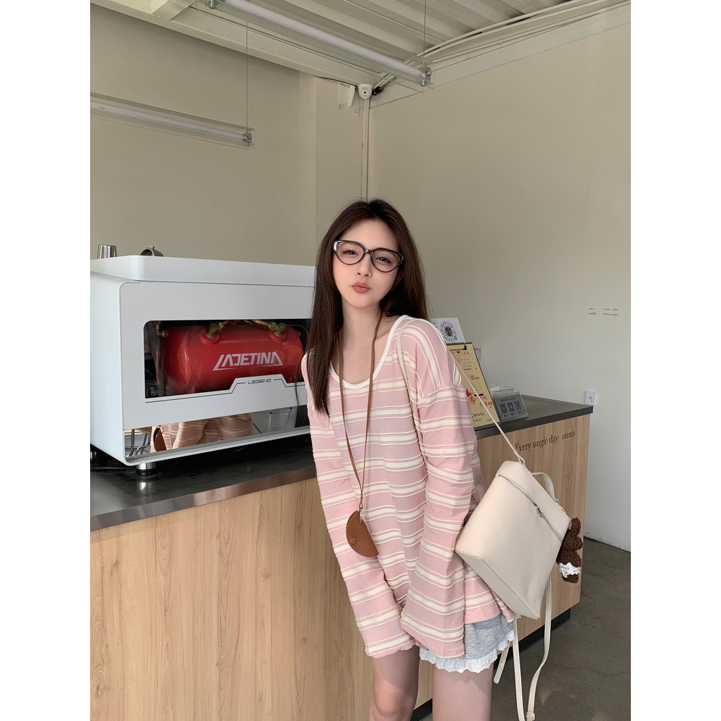 SUXI Áo thun dài tay dệt kim sọc đơn giản mùa hè mới của Hàn Quốc dành cho nữ 250419