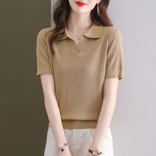 Mùa hè Phong Cách Mới Ve Áo Dệt Kim Áo Thun Nữ Tay Ngắn Nữ Tay Ngắn Nữ Mỏng Phong Cách Ice Silk Thời Trang Tuổi @