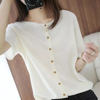 [1385 Bộ sưu tập người] Áo thun Cardigan dệt kim ngắn tay băng mỏng cỡ lớn Váy điều hòa không khí Top Áo len dệt kim dáng rộng