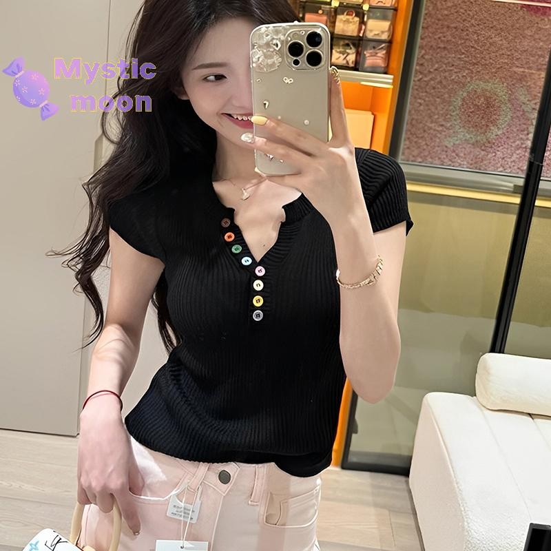 [Huyền bí] Nút đầy màu sắc mùa hè Áo thun dệt kim ngắn tay nửa cổ hở Áo thun nữ tay ngắn [Mới]