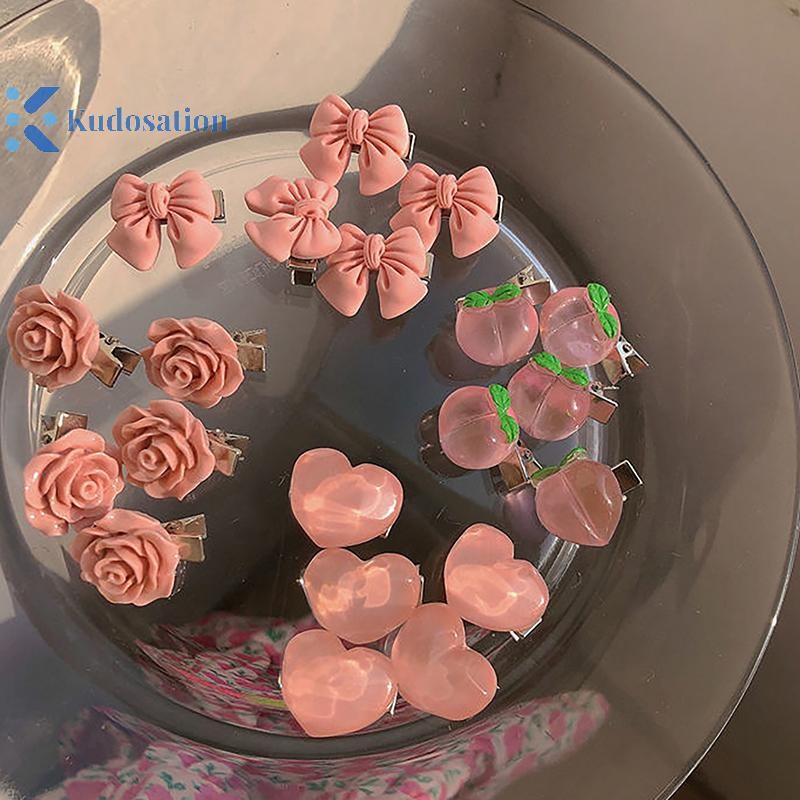 Kudosation Dễ Thương Phong Cách Hàn Quốc Mỏ Vịt Kẹp Nổ Kẹp Nơ Đào Hình Trái Tim Hoa Màu Hồng Barrettes Dành Cho Nữ Cô Gái Phụ Kiện Tóc
