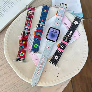 Dây đeo thời trang bằng da Denim hoa tươi nhỏ dành cho nữ cho Apple Watch 46 / 44 / 40 / 49 / 45 / 41 / 42 / 38 / 45mm iwatch Series Ultra / 10 / 9 / 8 / 7 / 6 / 5 / 4 / 3 / 2 / 1 / SE