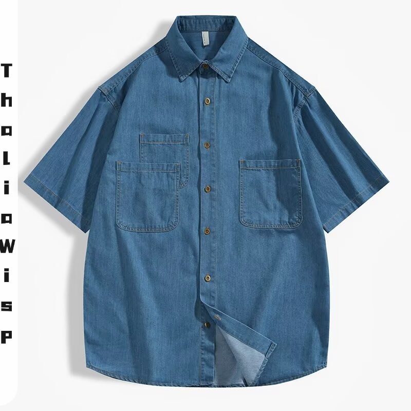 ThaliaWisp Nam Denim Áo Sơ Mi Tay Ngắn Mùa Hè Rời Mỹ Retro Đơn Giản Đa Năng Thường Ngày Hàng Đầu