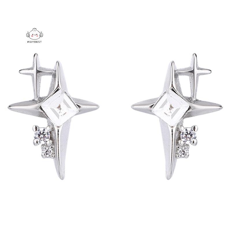 Maybest 1 Đôi Bông tai hình ngôi sao bạc thời trang Zircon dành cho nữ Cô gái Hàn Quốc Ngôi sao bốn cánh Bông tai cá tính Trang sức {VN}