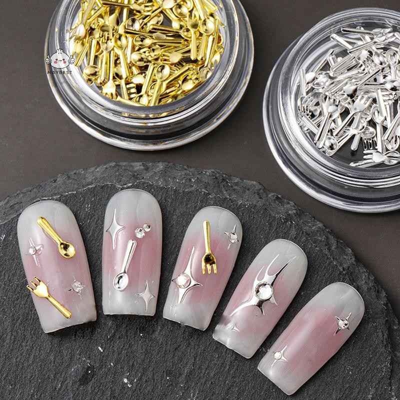 Maybest 50 Chiếc Hỗn Hợp Ins Niche Bộ Đồ Ăn Series Thìa Nĩa Móng Tay 3D Kim Loại Móng Tay Khuôn Trang Trí Móng Tay DIY Nail Art Charm Phụ Kiện {VN}