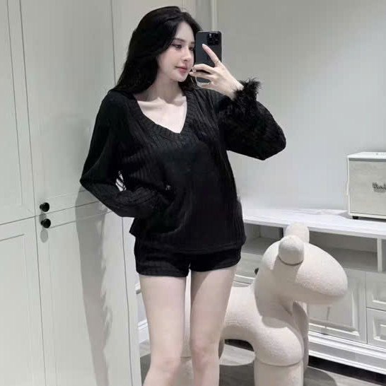 Set Bộ Cổ Tim Lông Tay  Ngắn KCloset Quần Short Mix Áo Thun Dài Tay Vải Cotton Mềm Mịn Nữ Tính