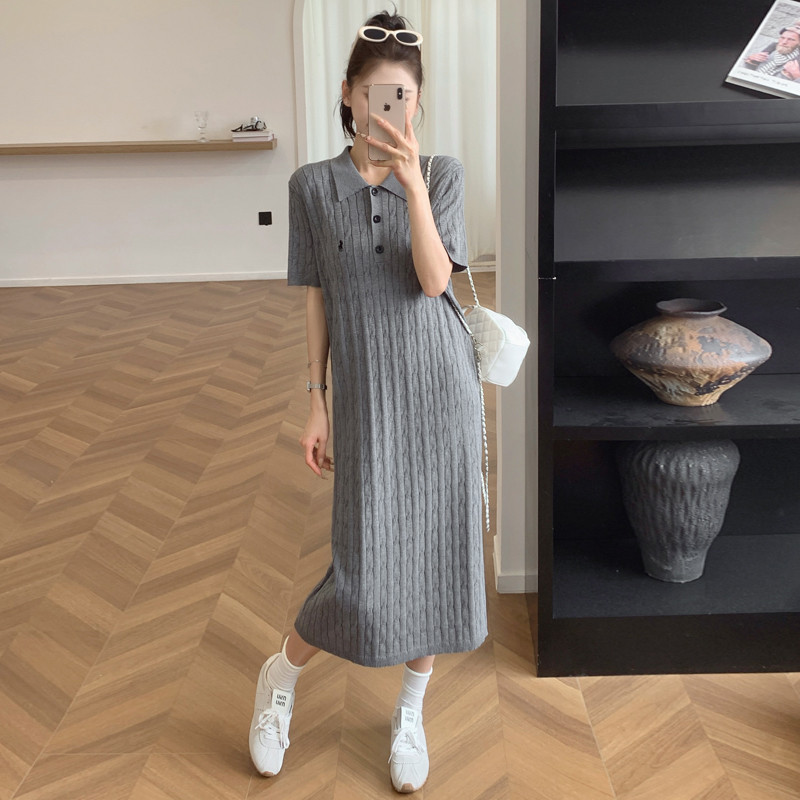 Trang phục bà bầu Mùa hè Phong cách mới Cổ áo POLO Váy dài vừa phải