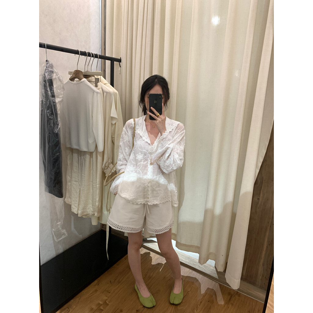 SUXI Áo sơ mi có mũ trùm đầu thêu hoa màu trắng phong cách Hàn Quốc mùa hè 250422
