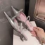 Dép sandal mũi nhọn màu hồng công chúa bằng da bóng cho phụ nữ, mùa hè ngoài trời, mũi nhọn bạc