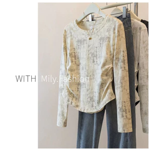 Milyfashion Cotton Size Lớn Tie-Dye Áo Thun Dài Tay Không Đều Đáy Áo Sơ Mi Nữ Slim-fit Ôm Hơn Nhìn Bao Bụng Phong Cách Phương Tây Xếp Ly Áo Ngắn