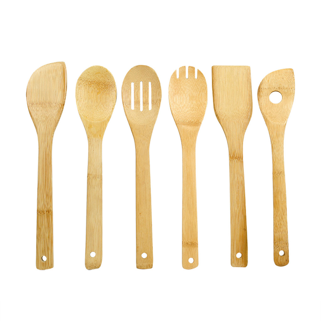 Dụng cụ nhà bếp nấu ăn bằng gỗ 6 món Bộ thìa gỗ lớn 11,5 Inch hữu cơ Nĩa và Turner để nấu ăn Bộ dụng cụ nhà bếp (6 bộ hỗn hợp)