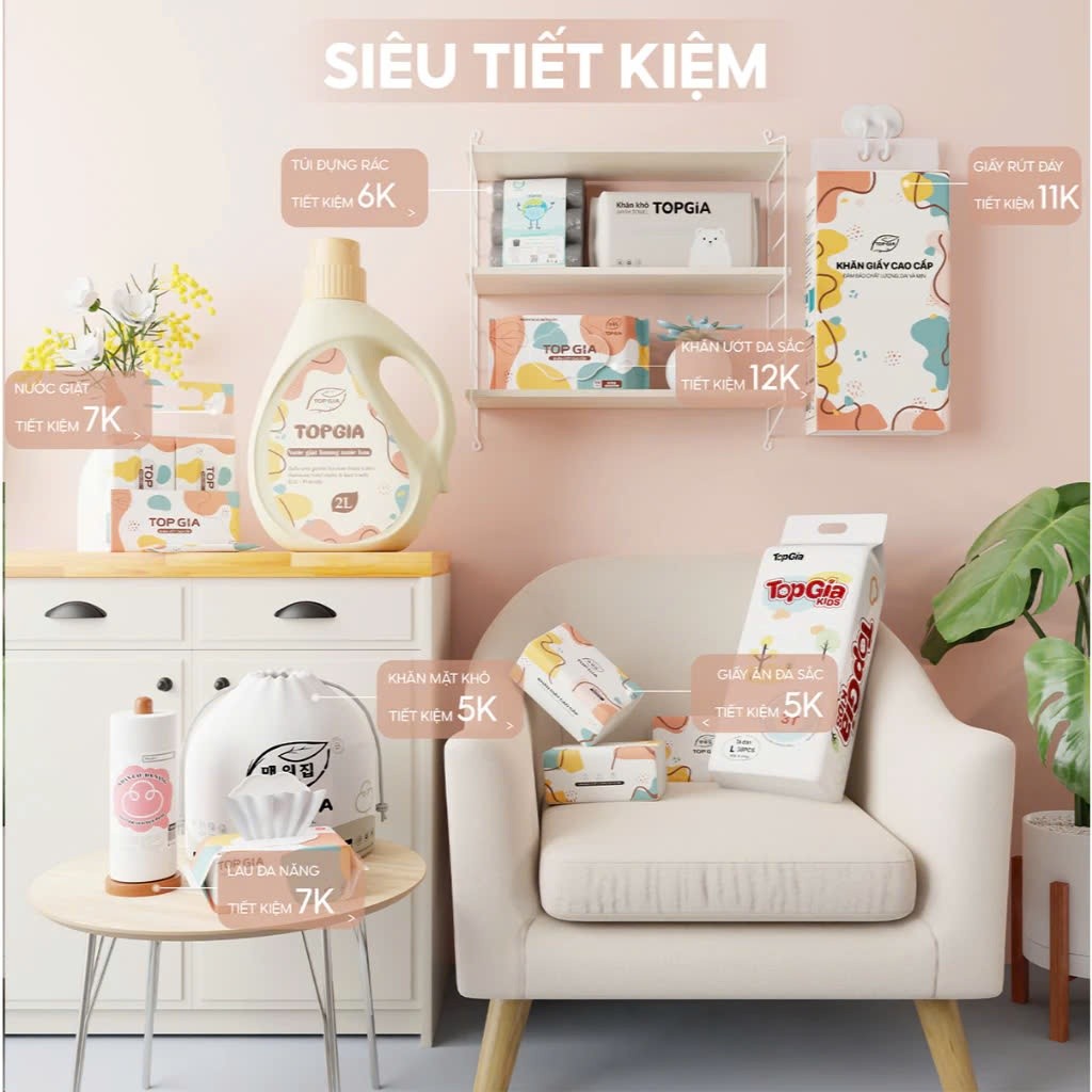 (THÙNG 6 BỊCH) Giấy vệ sinh treo tường Top Gia thùng 6 bịch đa sắc làm từ bột gỗ nguyên chất, 1280 tờ 4 lớp dày dặn