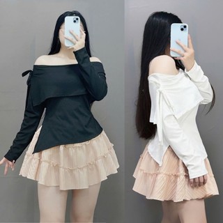 Áo thun kiểu Bigsize Nữ trễ vai vạt xẻ tay dài co giãn sang chảnh mặc lễ tết noel size 60-95kg- G257