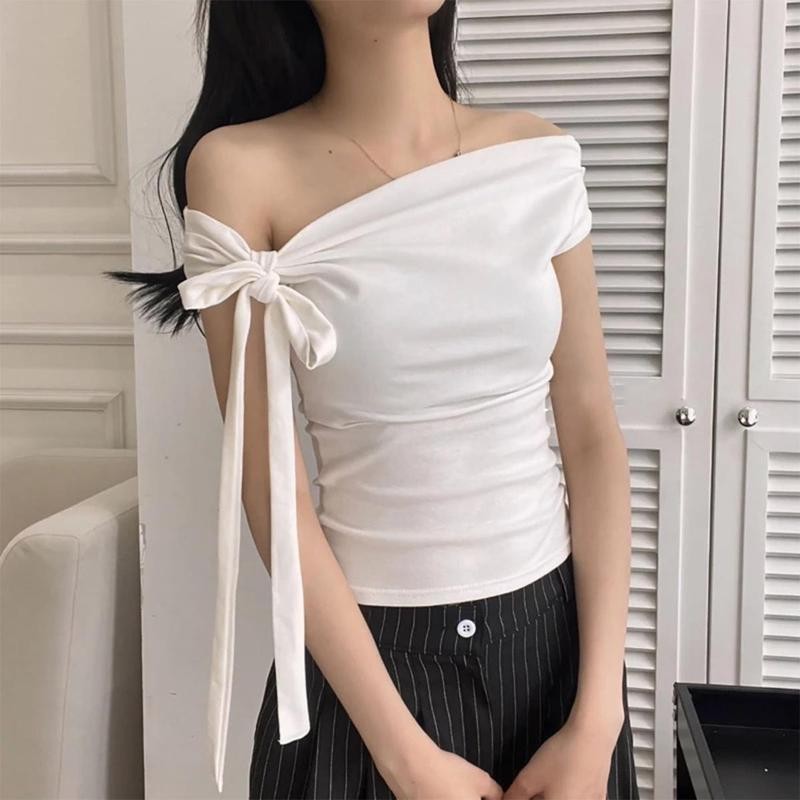 Áo Trễ Vai Kiểu Cộc Tay Kèm Dây Thắt Nơ PINKSTORE29 Phong Cách Dễ Thương A51194