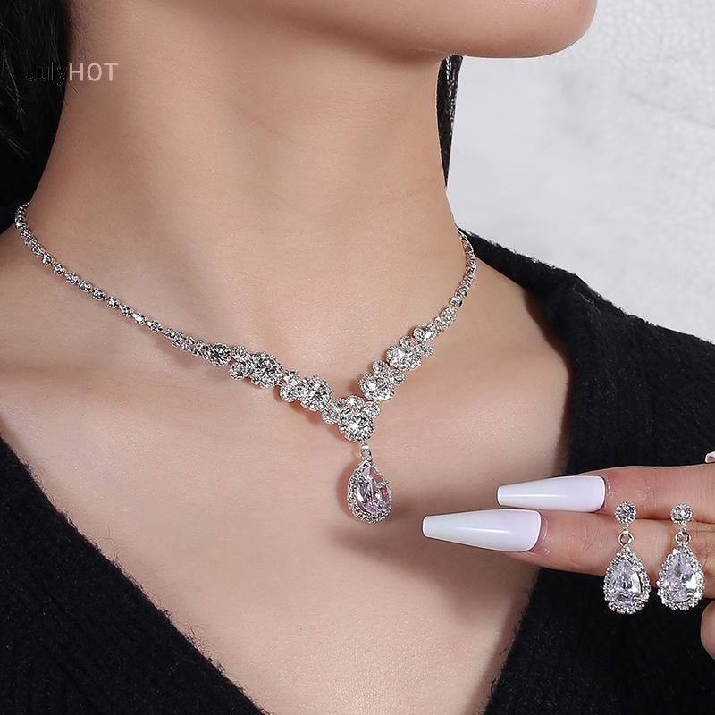 Julyhot Giọt Nước Zircon Mặt Dây Chuyền Vòng Cổ Bông Tai Bộ Thanh Lịch Tinh Tế Pha Lê Dây Chuyền Nữ Cô Dâu Phù Dâu Trang Sức Cưới Massivedeals
