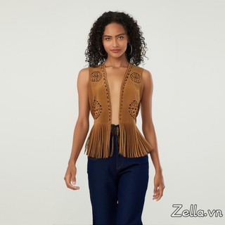 Áo Vest nữ Fringe giả da lộn thường ngày mở phía trước không tay tua rua Hippie Áo khoác