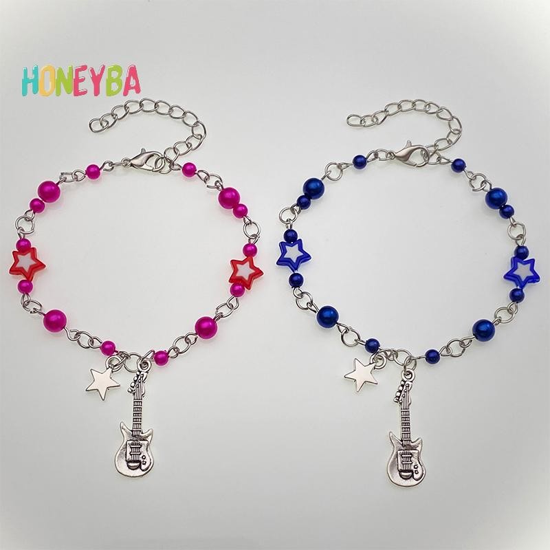 < Honeyba > Vòng Tay Cặp Đôi Y2K Hợp Thời Trang Mới Cho Nữ Cô Gái Rỗng Pentagram Guitar Mặt Dây Chuyền Đính Hạt Vòng Tay Bạn Bè Món Quà Trang Sức