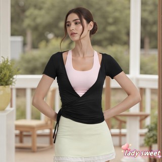 Áo thun nữ quấn cổ chữ V tay ngắn cơ bản màu trơn buộc dây bên