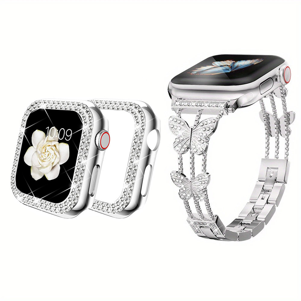 Bling Bướm Kim Cương Ban Nhạc + Ốp Lưng Cho Apple Watch Dây 40mm 41mm 44mm 45mm Nữ Thép Không Gỉ Vòng Tay Kim Loại iWatch Series 9 8 7 6 5 4 SE