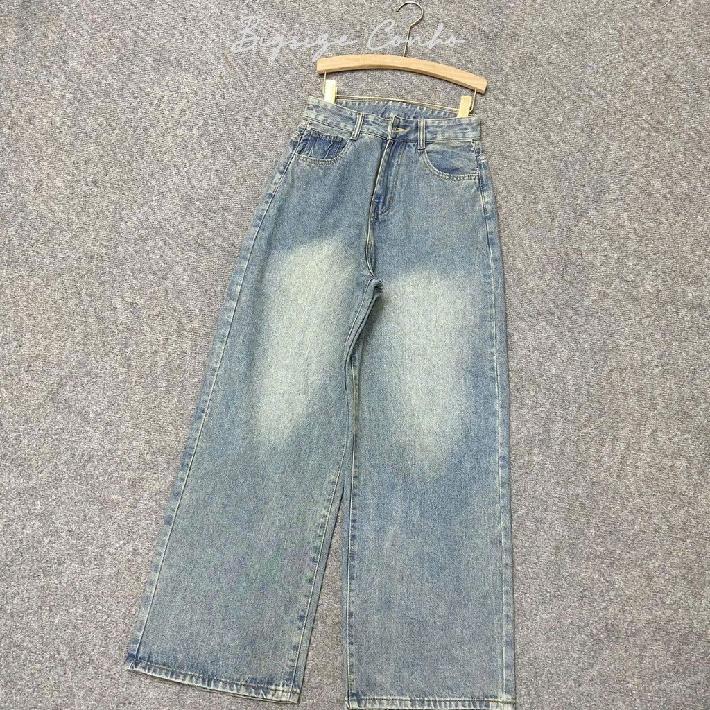 Quần Jean nữ ống rộng Bigsize Nữ Ulzzang lưng cao che bụng phong cách Retro Jean xanh nhạt - Q547
