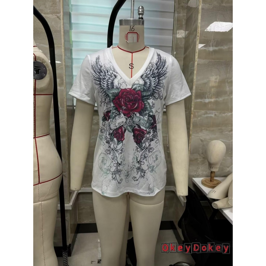 Okdk-áo thun ngắn tay dành cho nữ Gothic Rose Graphic Áo sơ mi cổ chữ V mùa hè Slim Fit Áo thường ngày dạo phố