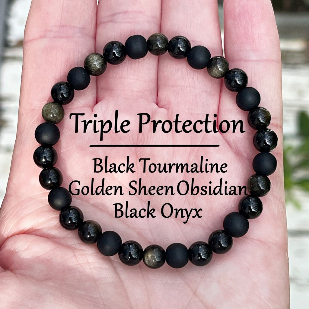 Vòng tay mã não đen pyroxene obsidian vàng tự nhiên