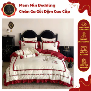 Bộ Chăn Ga Gối Cotton 100s Mềm Mại Mát Mẻ Thêu Hoa Hồng Thiết Kế Bèo Nhúm Tinh Xảo- MemMinbedding Luxury