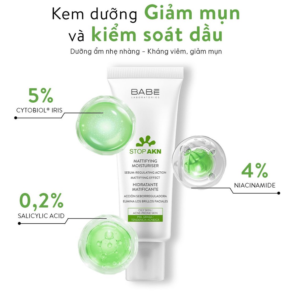 Kem dưỡng ẩm giảm nhờn ngừa mụn BABE Stop AKN Mattifying Moisturiser 50ml