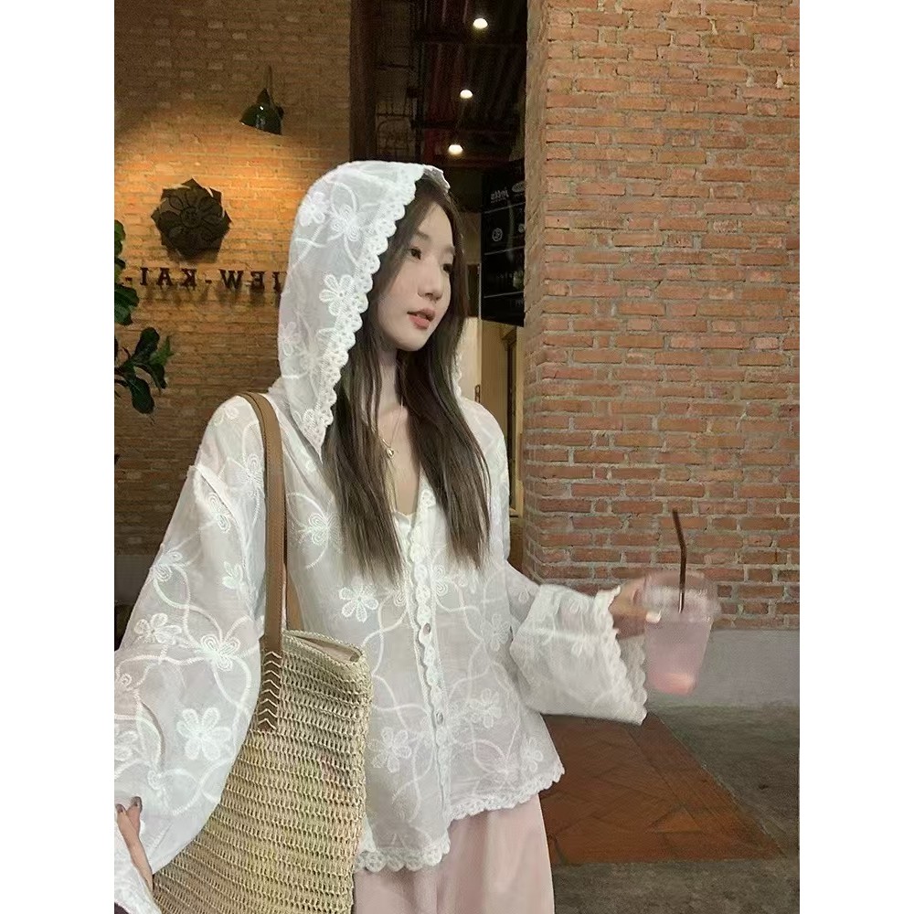 SUXI Áo sơ mi có mũ trùm đầu thêu hoa màu trắng phong cách Hàn Quốc mùa hè 250422