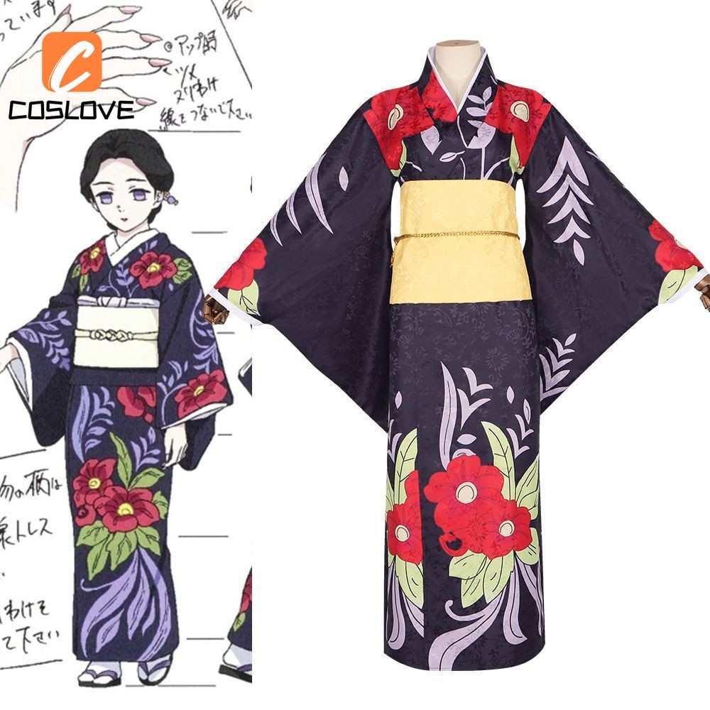 Anime Demon Slayer - Tamayo Cosplay: Trọn Bộ Quần Áo Kimono Dài Tay