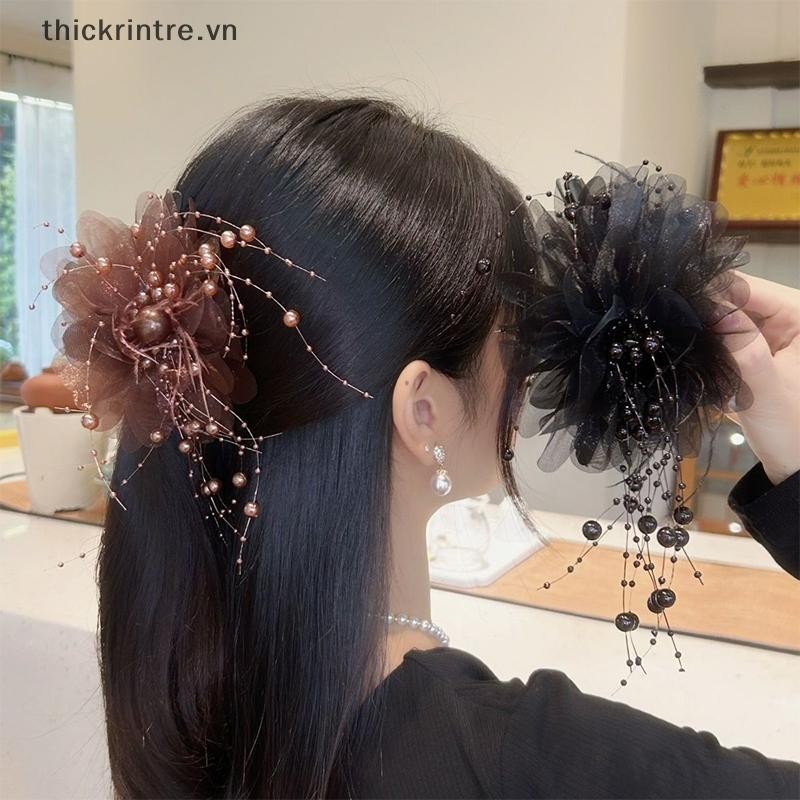 THI Thời Trang Lưới Đen Hoa Nữ Đuôi Ngựa Kẹp Mũ Đội Đầu Tính Khí Hoa Tóc Móng Vuốt Mũ VN