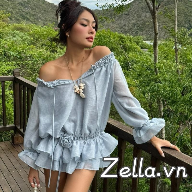 Đầm Mùa Hè Nữ 3D Hoa Xù Viền Thuyền Cổ Mất Vai Dài Tay Váy Có Cổ