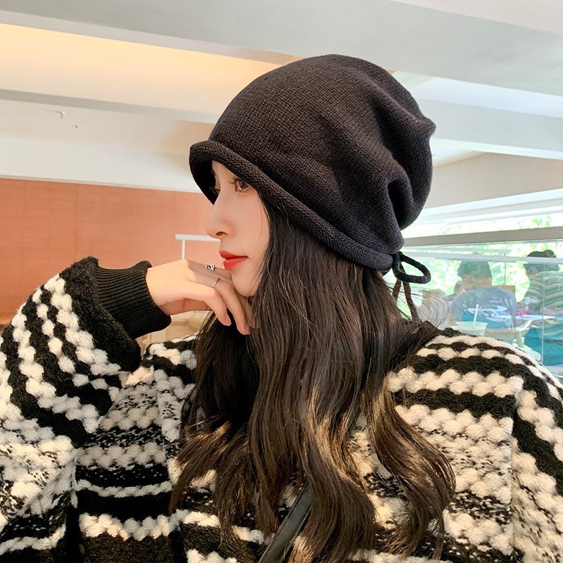 Thu Đông Nữ Dệt Kim Baggy Beanie Mũ Dây Rút Slouchy Len Chui Đầu Mũ Ngoài Trời Chống Gió