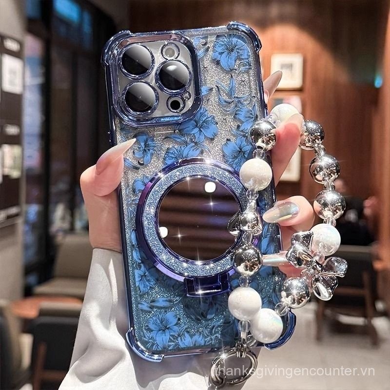 Ốp điện thoại cho OPPO A3X A3 A5Pro A92 A52 Find X7 X8 Pro X8 Ultra, gương trang điểm lấp lánh, giá đỡ, chống sốc, vỏ điện thoại mềm hình hoa có dây đeo