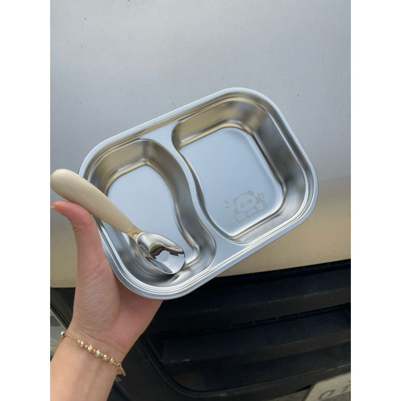 khay ăn inox 2 ngăn cho bé kèm thìa