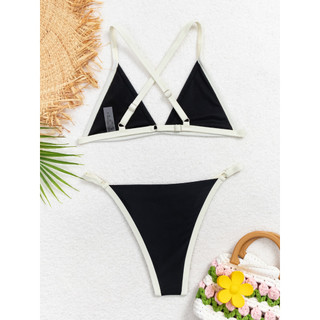 Đồ Bơi Nữ Cổ Chữ V Đen Tam Giác Cốc Trắng Chia Hai Mảnh Bikini Đồ Bơi