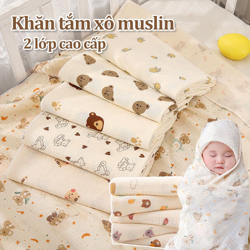 Khăn tắm xô muslin 2 lớp cao cấp,đa năng phong cách Hàn,mềm,thấm hút tốt,ko bụi vải, có thể làm chăn cho bé (70x80cm)