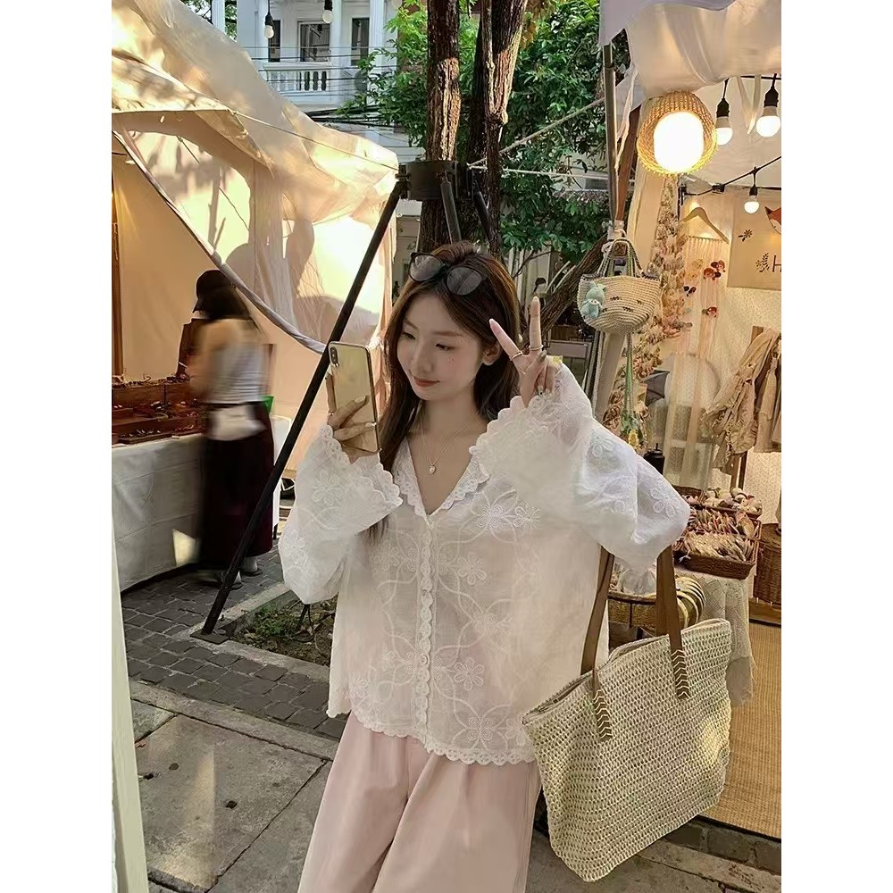 SUXI Áo sơ mi có mũ trùm đầu thêu hoa màu trắng phong cách Hàn Quốc mùa hè 250422