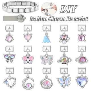 Mặt dây chuyền pha lê Bướm Love Series Ý Charm Link Fit Vòng tay bằng thép không gỉ 9mm Làm DIY