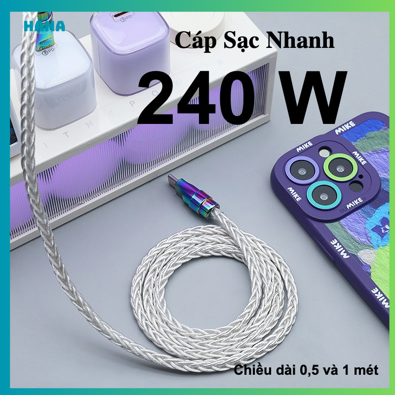 Cáp Sạc Nhanh Type C 240W 5A - Có Chip E-Marker - 8 Lõi Đồng Đơn Tinh - Bện Bền Bỉ - CarPlay - Bảo Hành 6 Tháng
