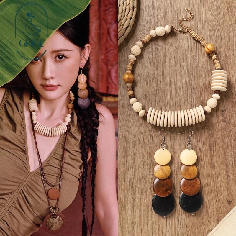 Ghgl❤️Bohemian Gỗ Xương Đòn Vòng Cổ Retro Merad Phong Cách Dân Tộc Bông Tai Niche Kỳ Lạ Kỳ Nghỉ Phong Cách Phụ Kiện Nữ