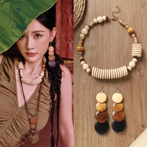 Ghgl❤️Bohemian Gỗ Xương Đòn Vòng Cổ Retro Merad Phong Cách Dân Tộc Bông Tai Niche Kỳ Lạ Kỳ Nghỉ Phong Cách Phụ Kiện Nữ