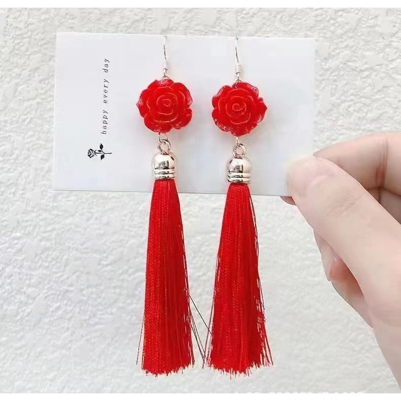 Hoa tai cô dâu tua rua dài phong cách dân tộc Hàn Quốc phụ kiện sườn xám Retro khí chất Hoa tai múa Latin trẻ em