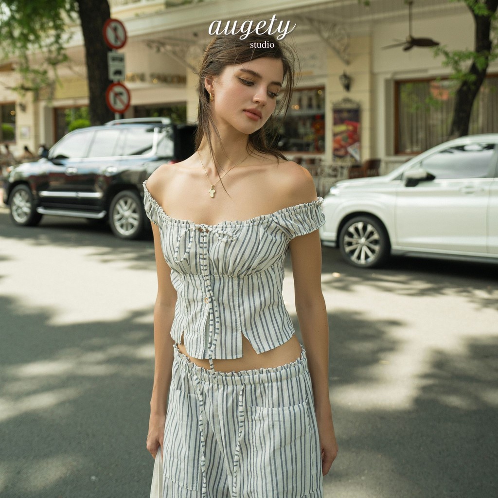 [MUA KÈM QUẦN GIẢM 20K] Áo Trễ Vai Tay Ngắn Cài Nút Thắt Nơ Linen Sọc Augety Studio, JOSIE Top