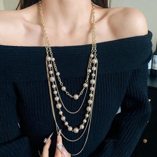 1 mảnh đơn giản nhiều lớp Vòng cổ ngọc trai thủy tinh nhân tạo kiểu Pháp retro dài Vòng cổ áo len mùa thu đông phụ kiện thời trang dành cho nữ
